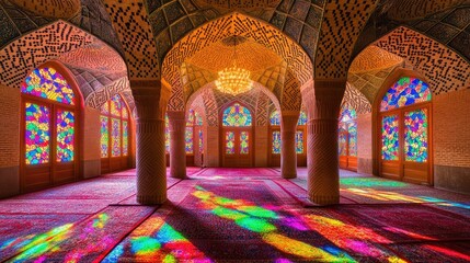 Obraz premium Vibrant Stained Glass Illuminates Mosque Interior