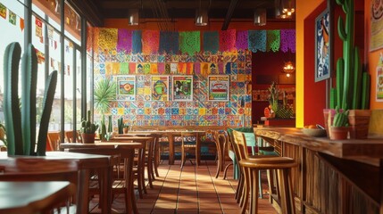 A vibrant Mexican cantina with bold