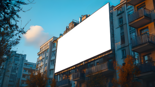 Mock-up of a blank white building hoarding branding space in Warsaw at noon