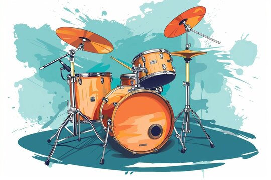 Drum set illustrated in vibrant artistic style capturing the essence of musical performance