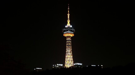 Illuminated Communication Tower Standing Tall Against a Dark Night Sky., Seoul, South Korea.