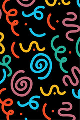 Fun colorful line doodle seamless pattern on black background