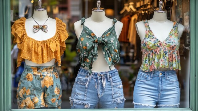 Three women's summer outfits displayed in a shop window.