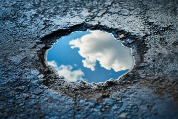 Puddle reflects sky with clouds on cracked surface.