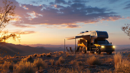 Fototapeta premium Stylish RV with Mountains and Sunset Backdrop