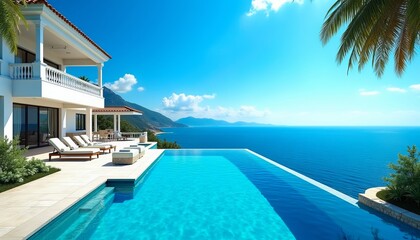 Fototapeta premium Luxury villa with infinity pool overlooking the ocean. Stunning coastal view, perfect for relaxation and vacation.