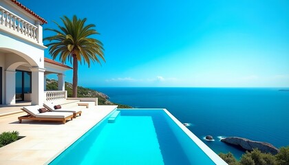 Fototapeta premium Luxury villa with infinity pool overlooking the ocean. Stunning view, perfect vacation spot.