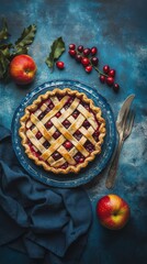 Hyper-quality professionnal photography, ultra detailed, Apple Cranberry Pie with tart cranberries and sweet apples, styled on a rustic blue plate, tangy and sweet high resolution