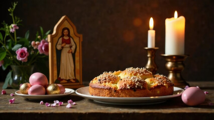 Traditional Easter setup: an icon, lit candles, and freshly baked cakes on a wooden table, evoking the atmosphere of a sacred holiday.