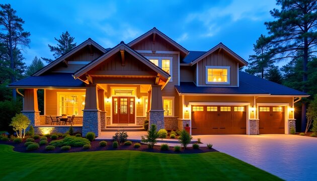 Luxury home illuminated at twilight, showcasing its architectural details and landscaping.