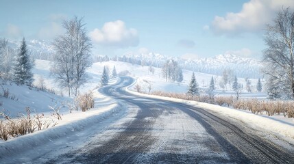 Obraz premium Serene Winter Landscape: Snow Covered Road Winding Through a Frosty Mountain Range