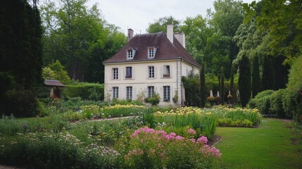 A charming country house with a beautiful flower garden surrounded by lush green trees