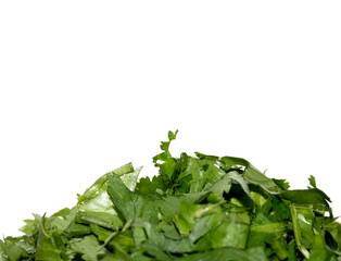 Close up of chopped basil herb on white background