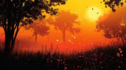 Silhouetted Trees in an Orange Sunset Meadow