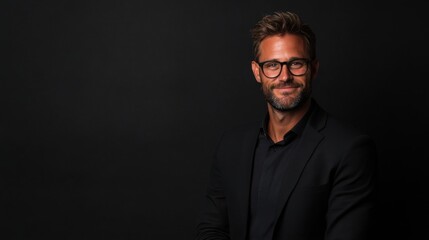Fototapeta premium Confident Professional Man in Stylish Outfit with Glasses Posing Against Dark Background in Studio for Corporate and Modern Portrait Photography