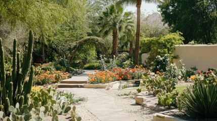 Sunlit garden path with cacti, flowers, and palms.