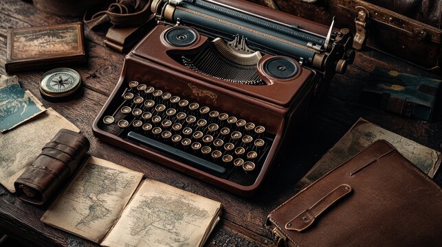 Vintage typewriter on wooden desk with old maps, compass, and journals.