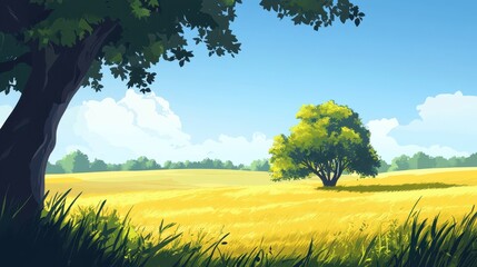 Golden Field Under Summer Sky Trees Landscape