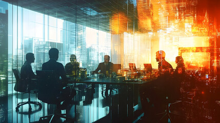 A dynamic scene showcasing a business meeting with professionals collaborating in a modern office. The double exposure effect enhances the urban vibe and creative energy.