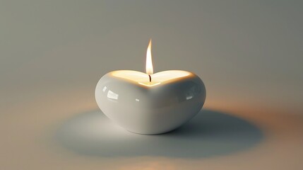 A white candleholder shaped like a heart, holding a single lit candle, on a plain white background,