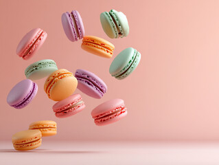 Colorful macarons floating against a pastel background