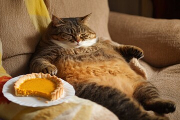 Plush tabby cat with pie on a plate on the couch