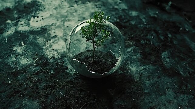 A glowing green sapling enclosed in a transparent sphere, symbolizing sustainability, protection, and the fragility of life in a dark, textured environment. Generative AI.