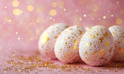Obraz premium Golden Easter eggs with elegant patterns on a pink and gold background for festive promotions.