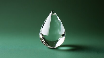 A crystalclear droplet of water suspended on a forest green background