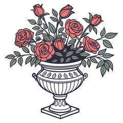 A vector illustration of a brown vase filled with vibrant red and pink flowers and green leaves, isolated on a white background. Perfect for invitations or home decor.
