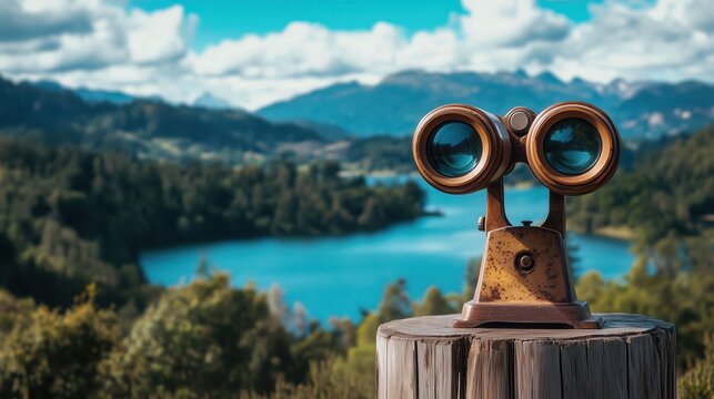 Set on a wooden platform, the aged binocular viewer points toward the horizon, capturing the essence of exploration and the longing for distant views