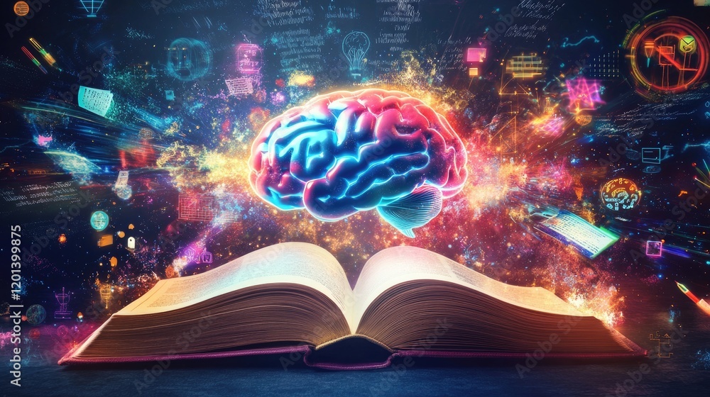 Poster glowing brain above open book with knowledge exploding