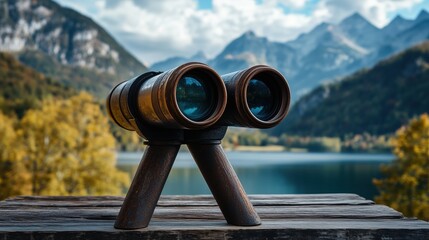 Set on a wooden platform, the aged binocular viewer points toward the horizon, capturing the essence of exploration and the longing for distant views