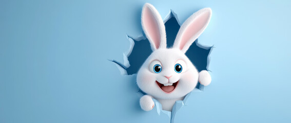 Fototapeta premium Adorable cartoon bunny peeking through blue paper wall with cheerful expression