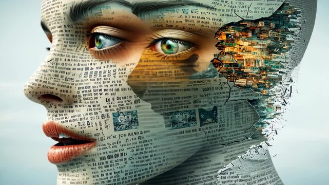 A surreal face with distorted features, mismatched eyes, and a mouth spewing out random texts in multiple languages, creating a disorienting and unsettling effect.