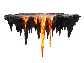 Molten Lava Flowing on a Floating Rock Island Transparent Background, PNG