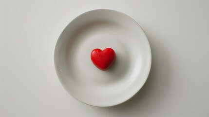 A white ceramic dish with a single red heart candy, placed on a white surface,