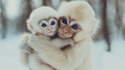 Two adorable snow monkeys embracing in winter.