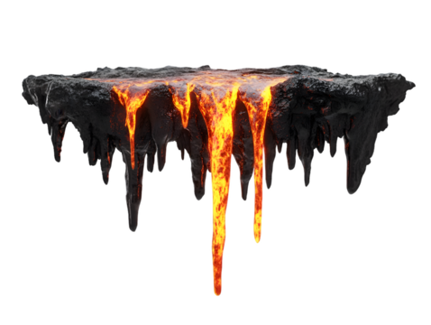 Molten Lava Flowing on a Floating Rock Island Transparent Background, PNG