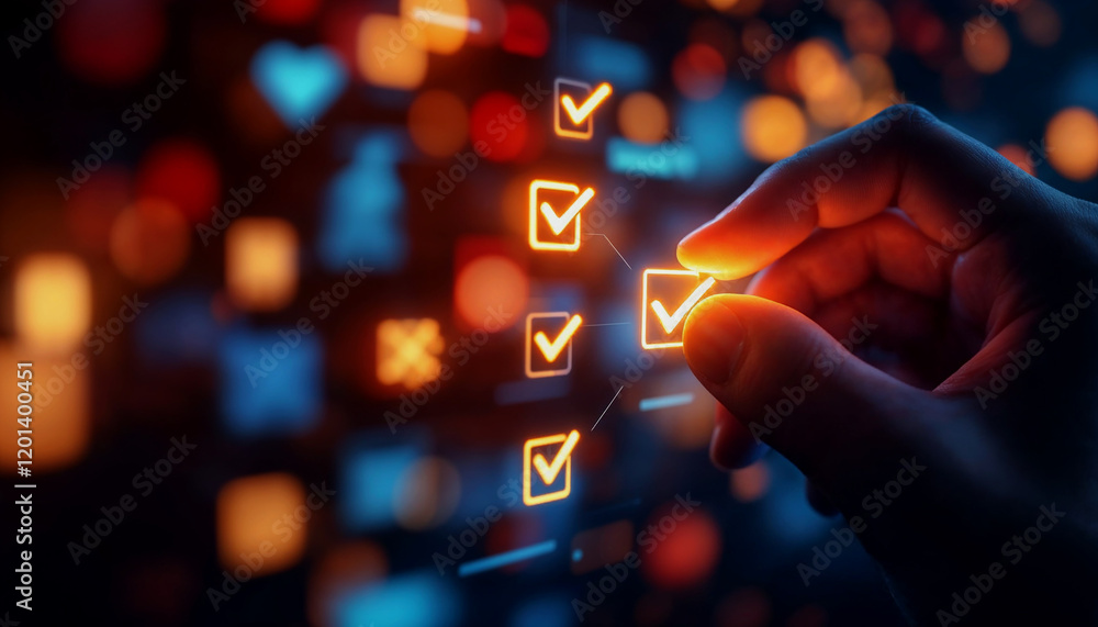 Poster hand selecting checklist items on a futuristic interface