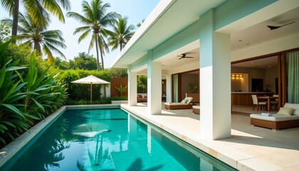 Fototapeta premium Luxury villa with private pool and lush tropical landscaping. Relax and enjoy the tranquil ambiance.