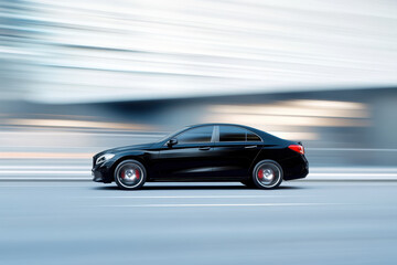 Obraz premium Luxury black car speeding on a modern urban street in motion blur