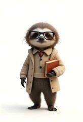 Cute Sloth Professor Holding Book in 3d Render