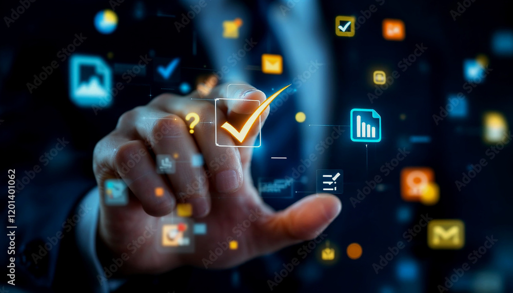 Poster hand selecting checklist items on a futuristic interface