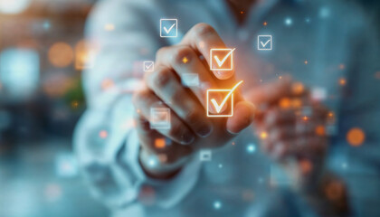 Hand selecting checklist items on a futuristic interface