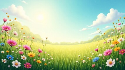 Fototapeta premium Vibrant spring meadow with wildflowers and soft sunlight creating a serene atmosphere