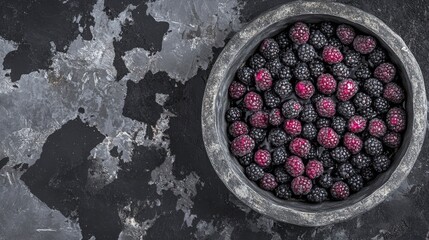 Frozen Blackberries in a Rustic Bowl - A Delicious and Healthy Treat for Any Occasion. Fresh and Frozen Blackberries in a Gray Bowl on a Dark Background. Perfect for Recipes, Smoothies, and Desserts.