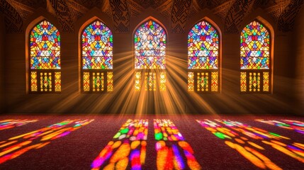 Stained glass windows illuminate a sacred space with radiant light