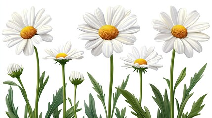 Fototapeta premium A vibrant display of white daisies with yellow centers arranged in a row against a clean background