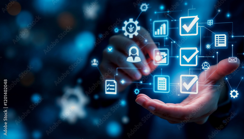 Poster hand selecting checklist items on a futuristic interface